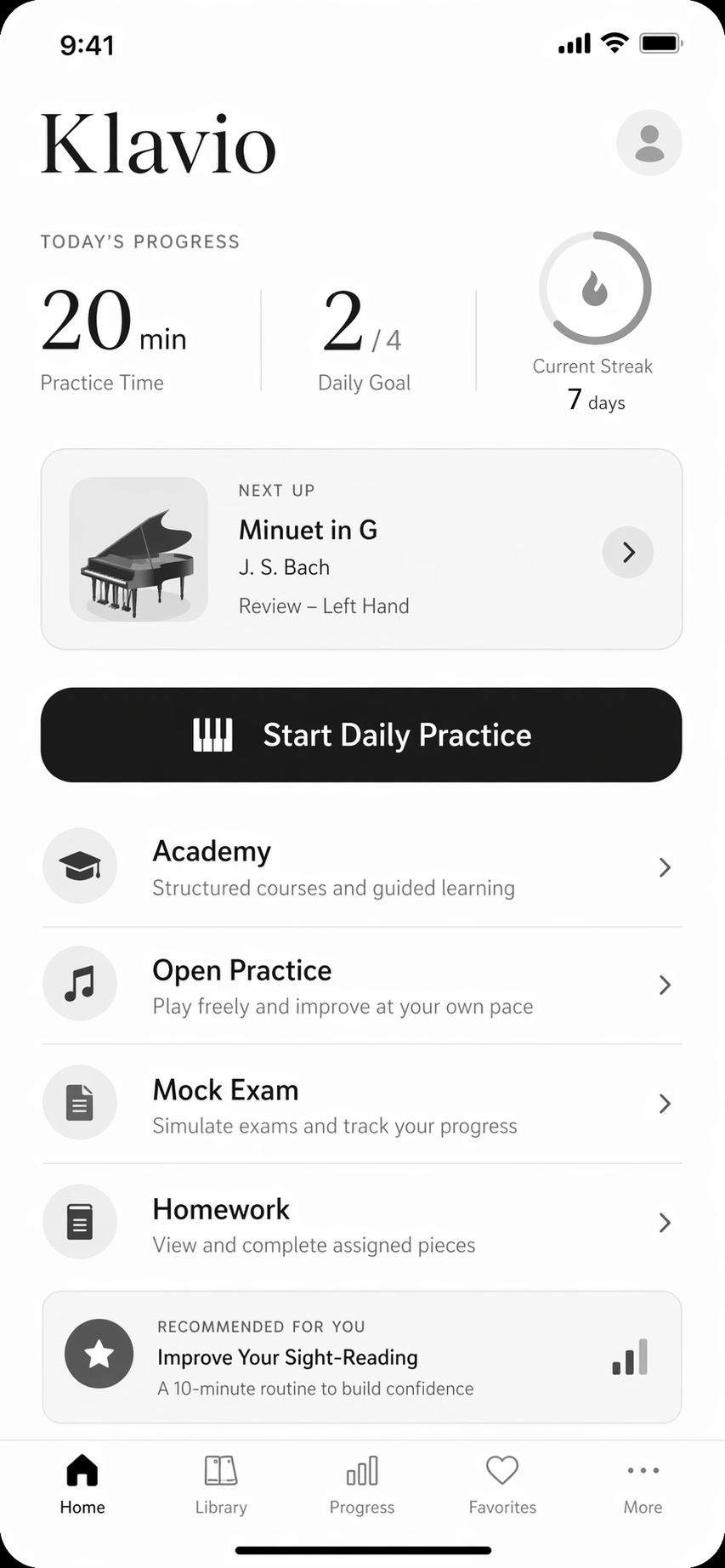 Preview of a piano education app home screen with practice progress and learning modes.